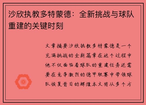 沙欣执教多特蒙德:全新挑战与球队重建的关键时刻 沙欣执教多特蒙德:全新挑战与球队重建的关键时刻