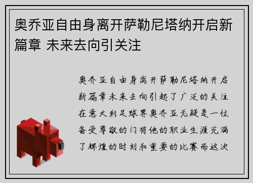 奥乔亚自由身离开萨勒尼塔纳开启新篇章 未来去向引关注