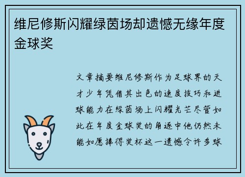 维尼修斯闪耀绿茵场却遗憾无缘年度金球奖 维尼修斯闪耀绿茵场却遗憾无缘年度金球奖